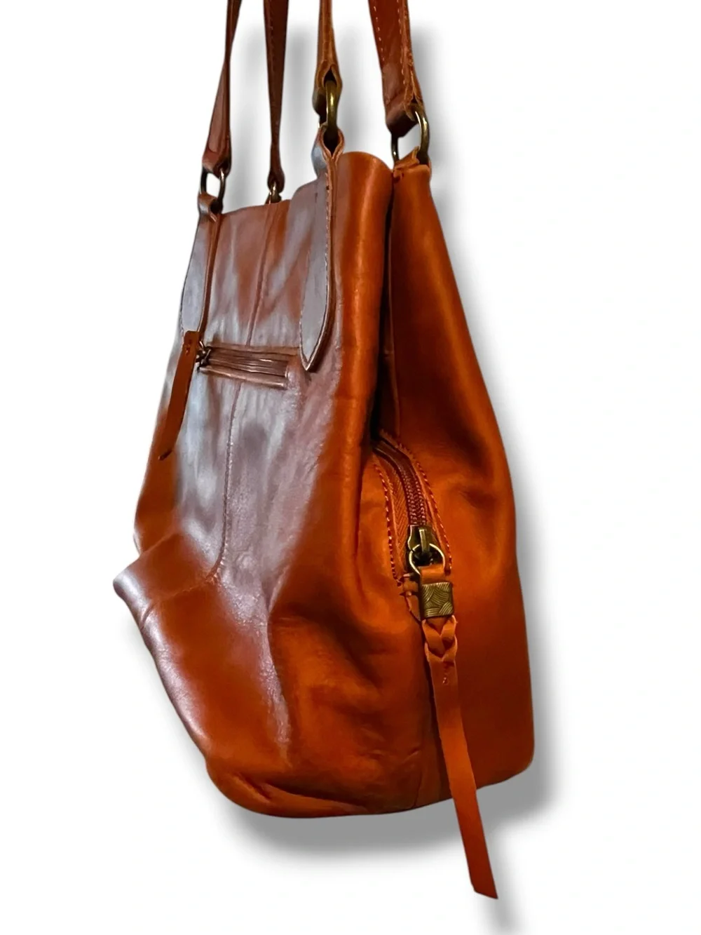 The Sak Melrose Shoulder Bag Purse Brown Leather Tassel Charm Many Pockets